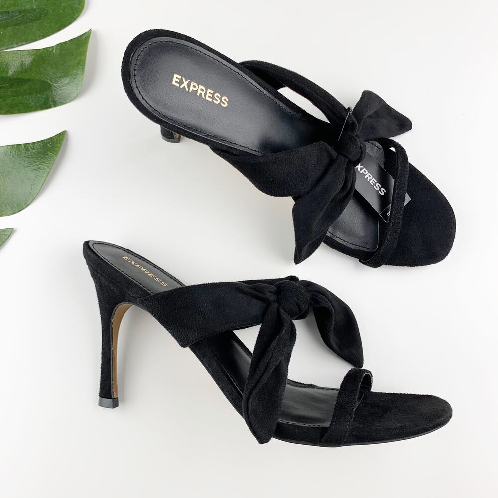 New Express Strappy Bow Heels Slip On Faux Black Suede Sandals Women’s 10